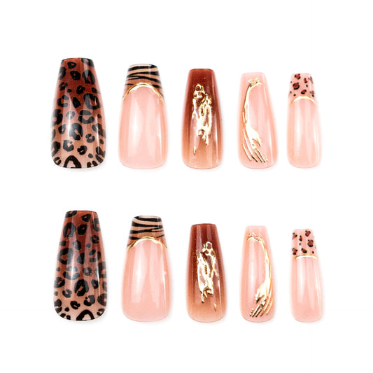 Wildlife Chic Long Coffin Beige with Leopard Print and Gold Accents Press-On Nail Set