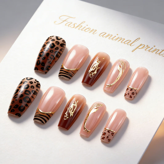 Chic Wild Style Long Coffin Brown Animal Print Nail Set with Gold Detailing