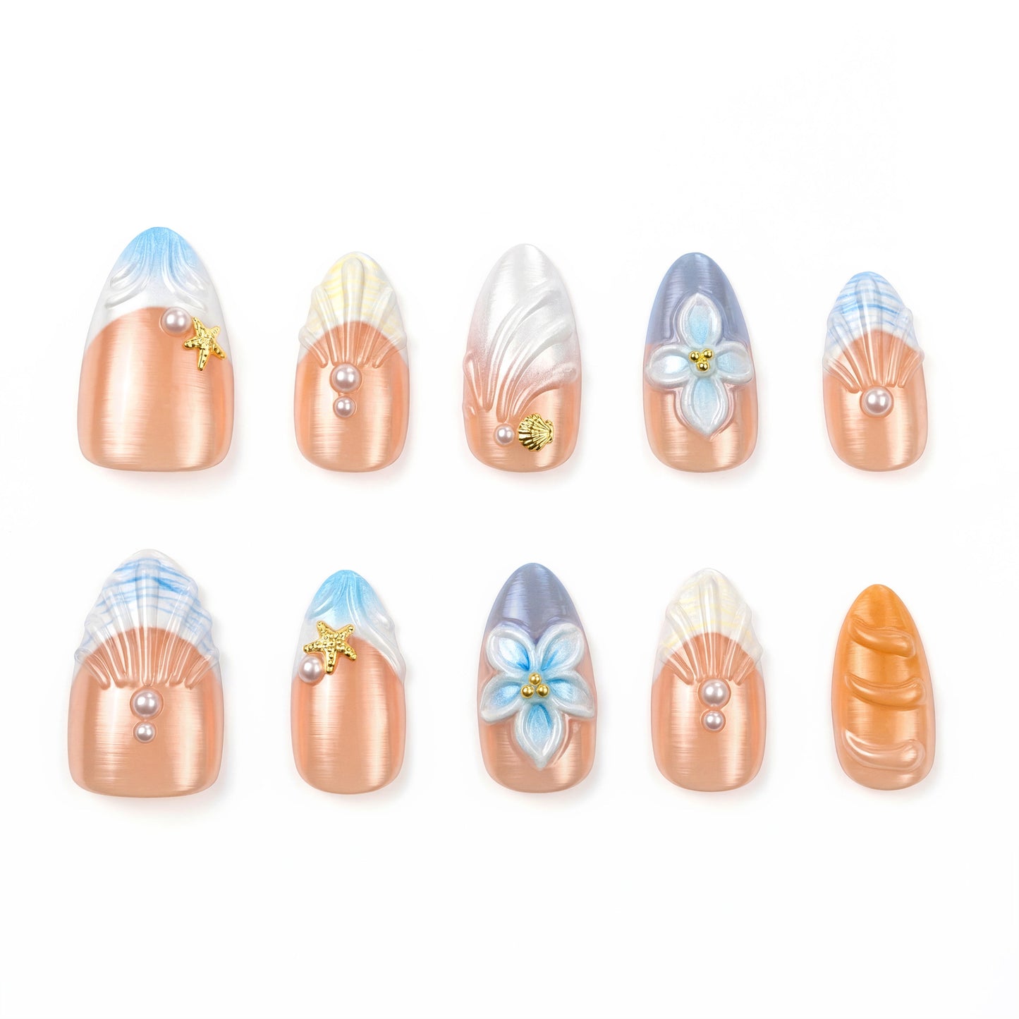 Ocean Breeze Short Almond Pearl Accent Press-On Nail Set
