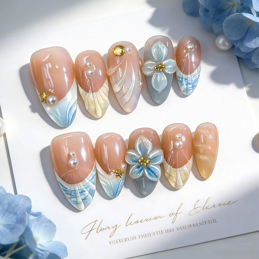 Elegant Ocean Breeze Short Almond Peach with Floral Accents Press-On Nail Set
