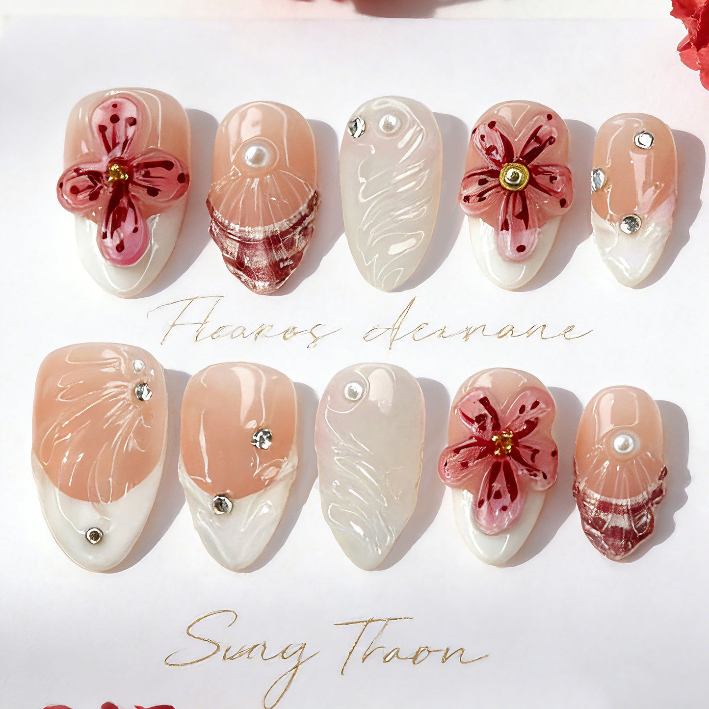 Elegant Floral Short Almond Blush with Pearl Accents Press On Nail Set