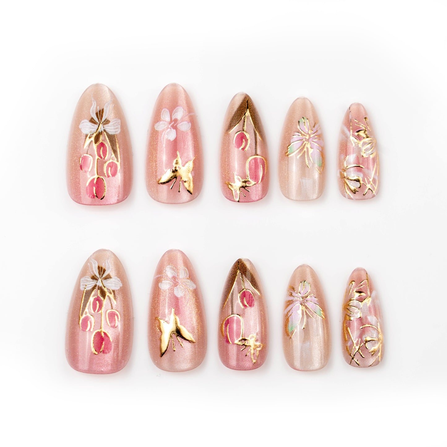Floral Elegance Short Almond Pink with Gold Accents Press On Nail Set