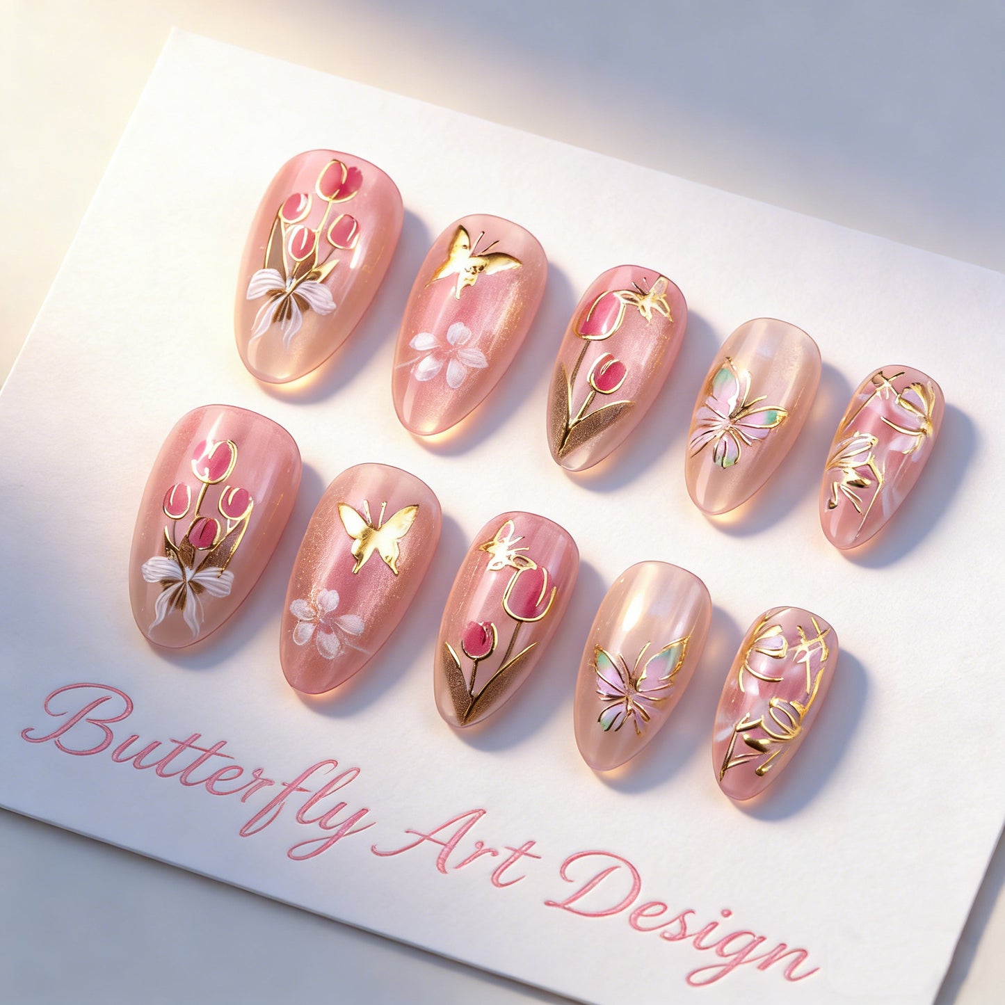 Butterfly Garden Short Almond Blush Pink Floral Accent Press On Nail Set