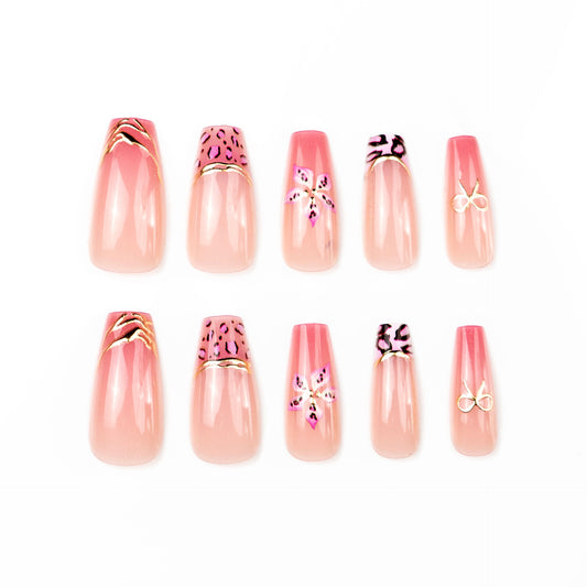 Blush Blossom Long Coffin Pink with Floral Accents Press On Nail Set