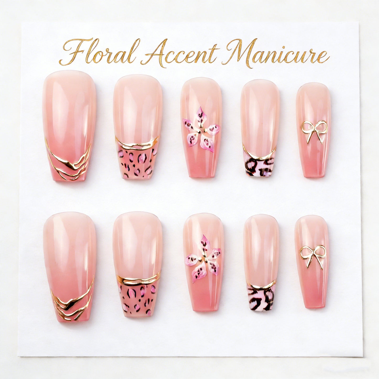 Floral Dream Medium Coffin Pink Nails with Eye-Catching Gold Accents