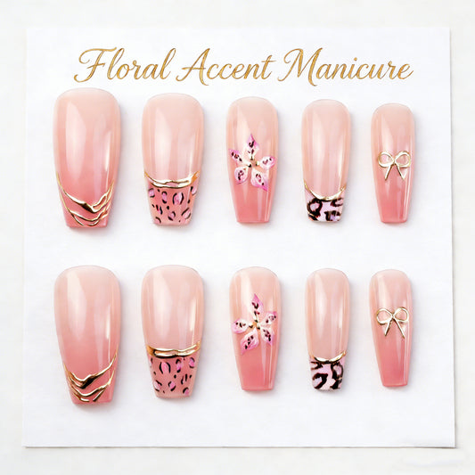 Floral Dream Medium Coffin Pink Nails with Eye-Catching Gold Accents