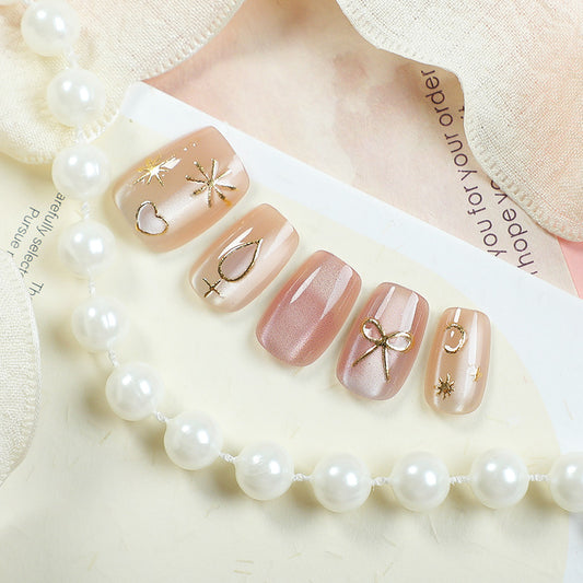 Glamorous Rose Gold Short Square Press on Nail Set with Shimmering Gold Accents