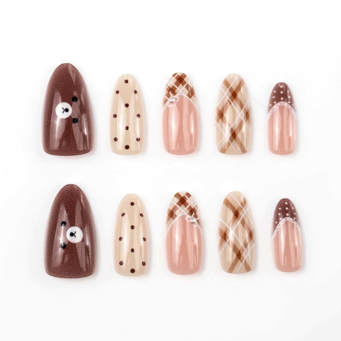 Cozy Autumn Vibes Long Almond Brown Plaid Nail Set with Adorable Button Design