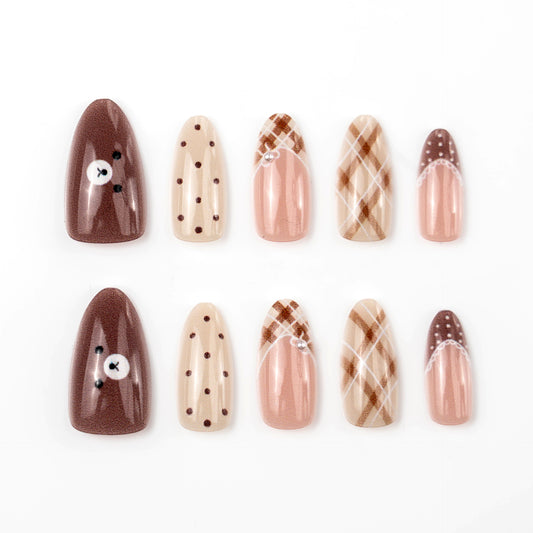 Cozy Autumn Vibes Long Almond Brown Plaid Nail Set with Adorable Button Design