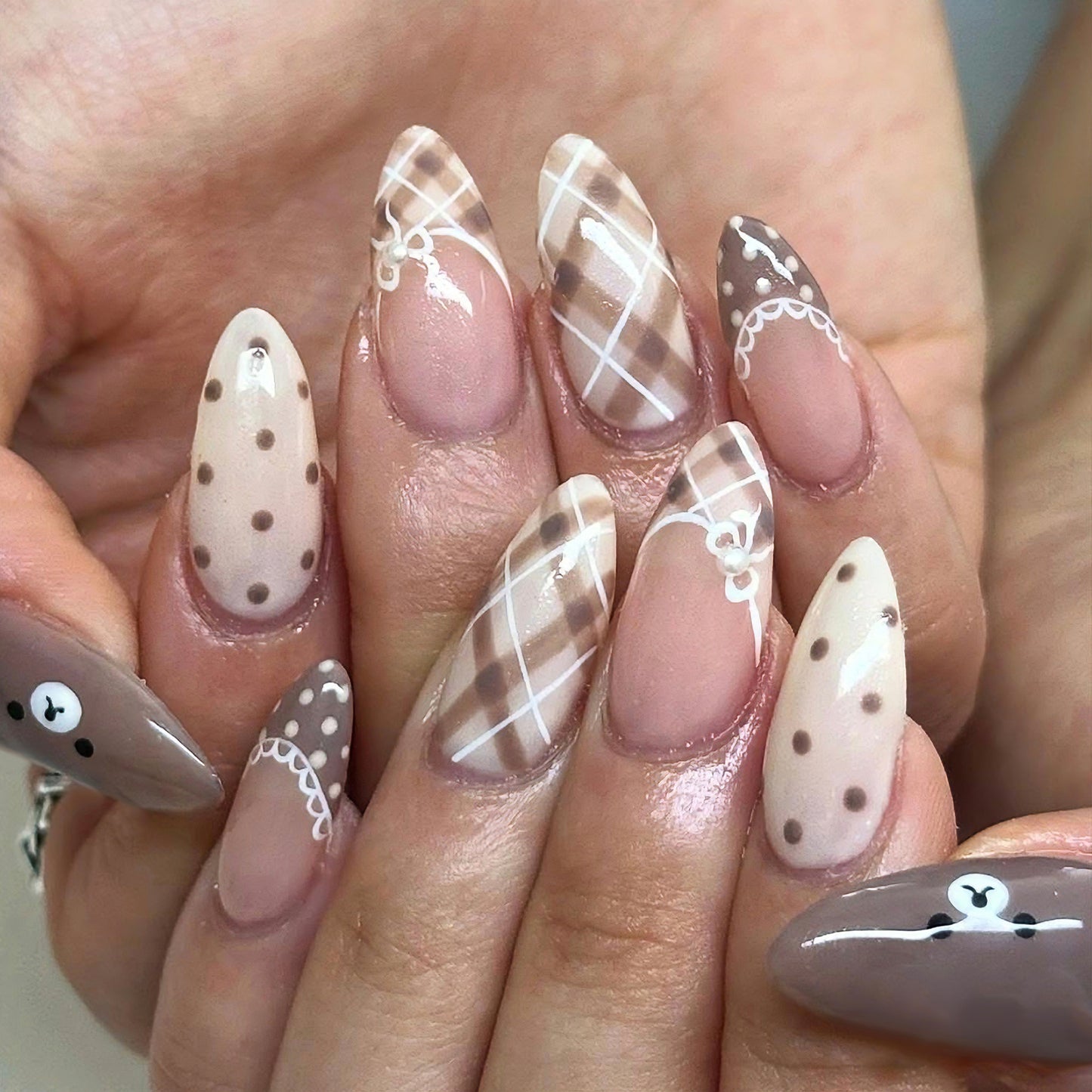 Cozy Autumn Vibes Medium Stiletto Beige with Cute Patterned Designs Press On Nail Set