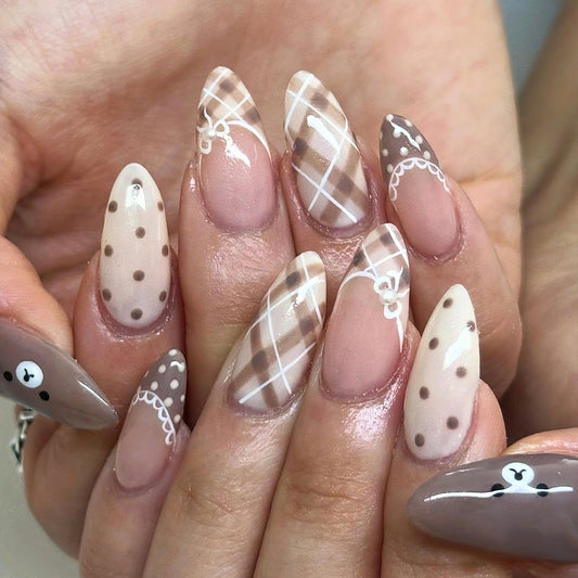 Cozy Autumn Vibes Medium Stiletto Beige with Cute Patterned Designs Press On Nail Set