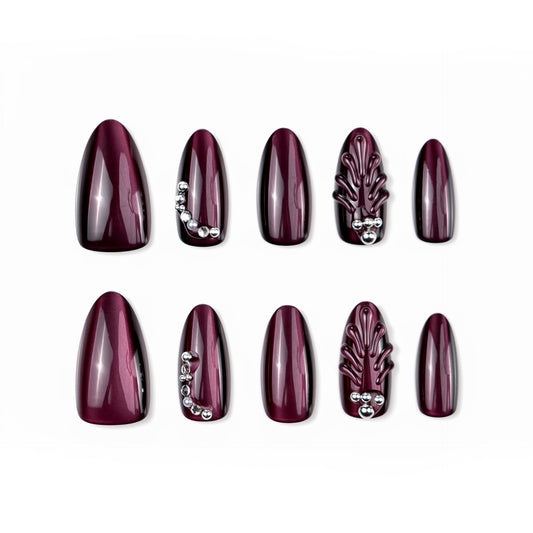 Mystical Elegance Long Stiletto Burgundy Press On Nail Set with Stunning Gem Accents