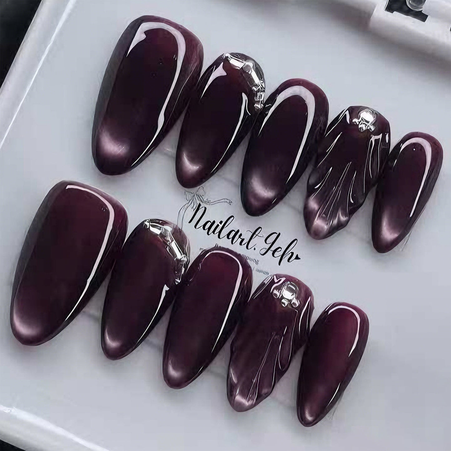 Mystical Elegance Long Stiletto Burgundy Gradient Press On Nail Set with Unique Floral Accents