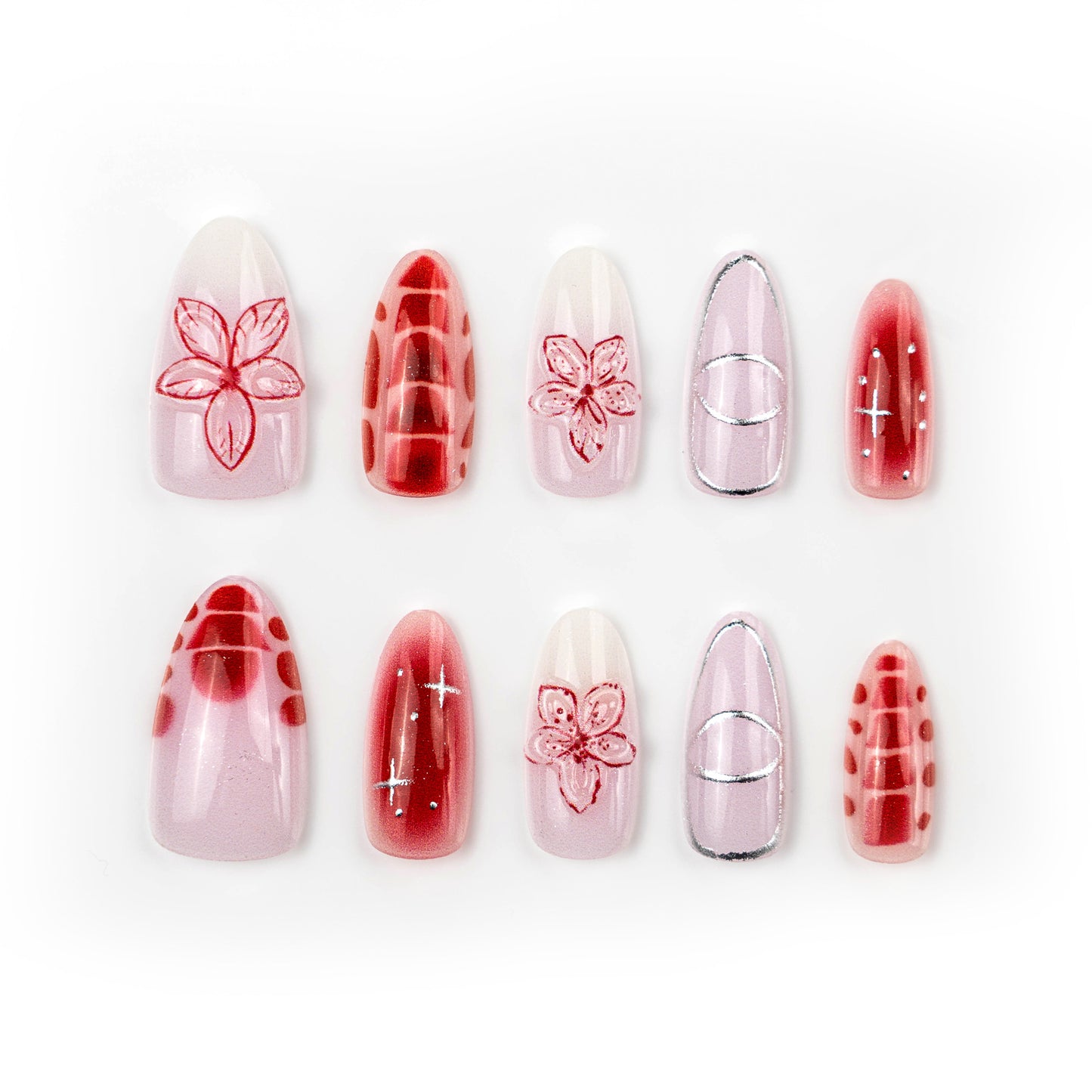 Elegant Floral Fantasy Long Almond Pink Press On Nail Set with Intricate Designs