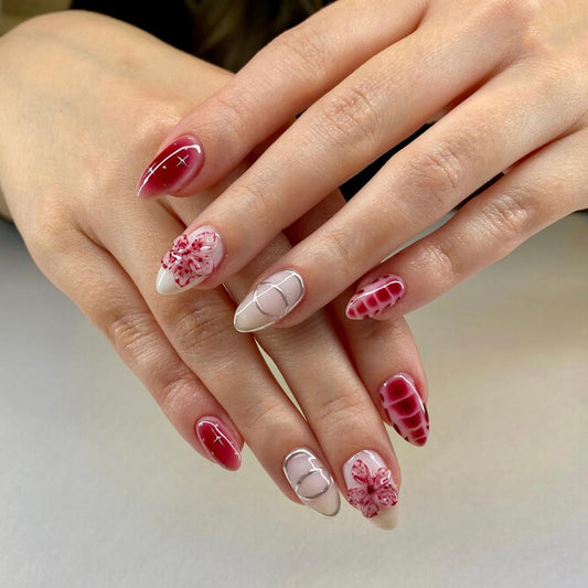 Blooming Elegance Medium Stiletto Red Floral Design Press On Nail Set