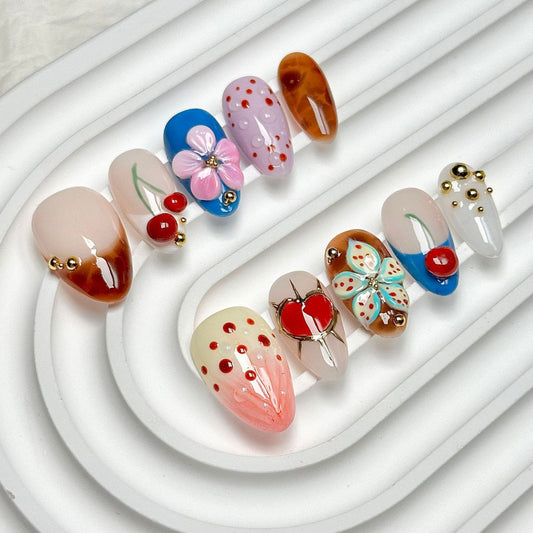 Whimsical Blossom Short Almond Multicolored Floral Accents Press On Nail Set