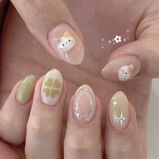 Cute Whimsical Short Almond Translucent with Adorable Cat Designs Nail Set