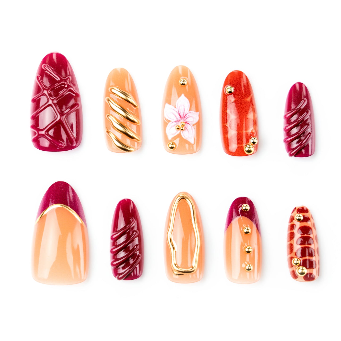 Bohemian Glam Medium Stiletto Red and Gold Artisan Nail Set