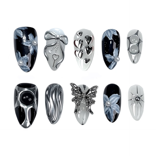 Gothic Glamour Short Stiletto Black with Intricate Metallic Butterfly Design Press On Nail Set
