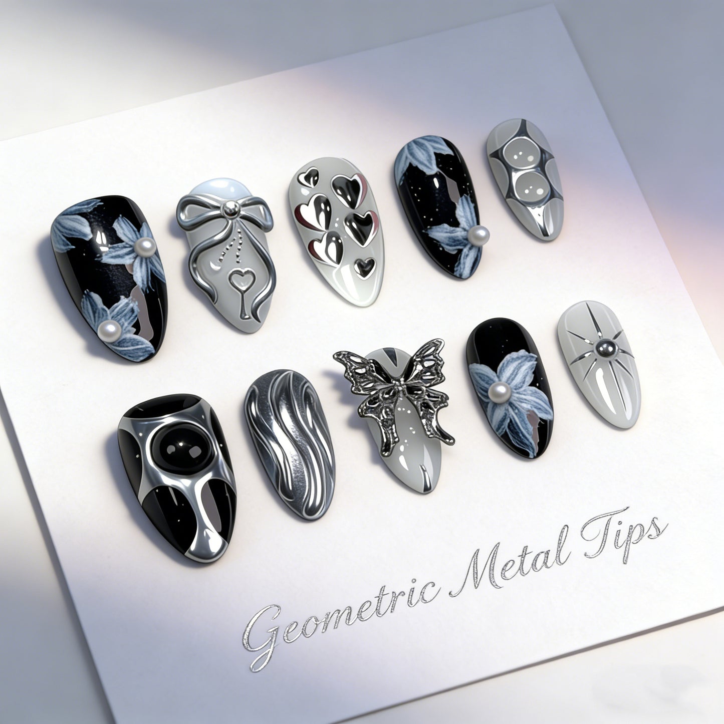 Geometric Elegance Short Almond Silver and Black with Intricate Floral Accents
