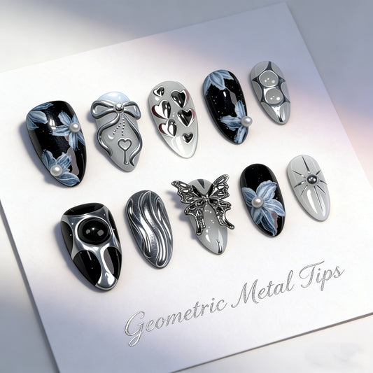 Geometric Elegance Short Almond Silver and Black with Intricate Floral Accents