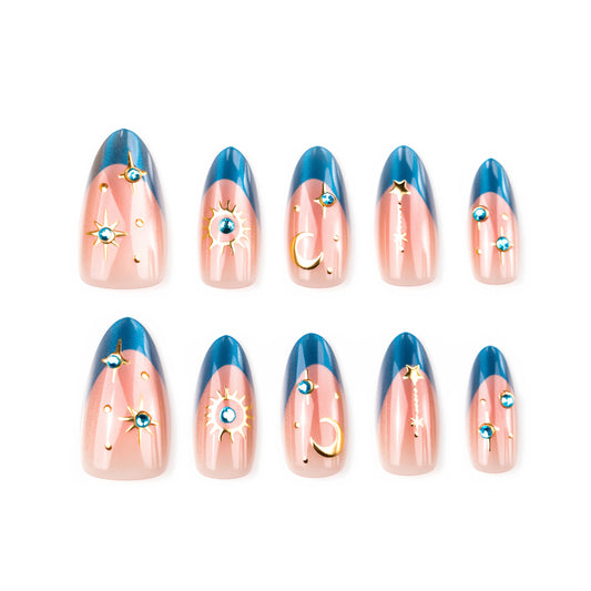 Celestial Dream Short Almond Blue French Tip with Starry Accents Press on Nail Set
