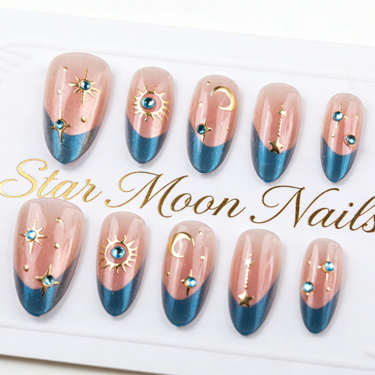 Celestial Charm Short Almond Blue Dipped with Starry Accents Press On Nail Set