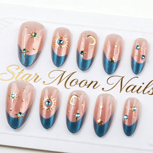 Celestial Charm Short Almond Blue Dipped with Starry Accents Press On Nail Set