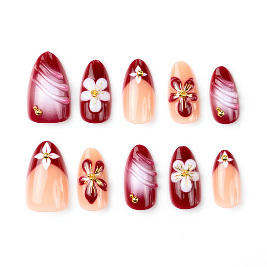 Floral Elegance Short Almond Burgundy Nail Set with Charming Floral Accents