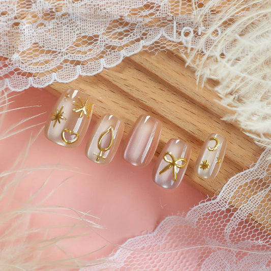 Whimsical Gold Charm Short Square Beige Nail Set