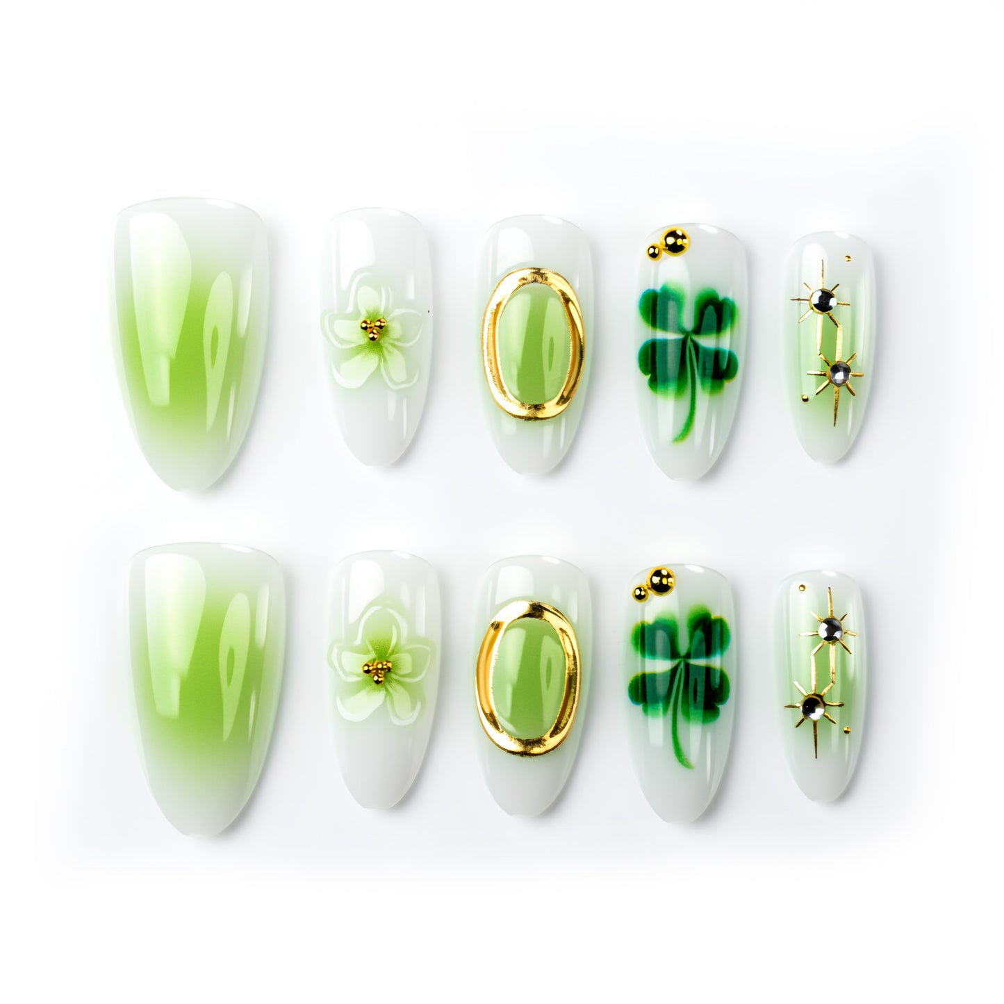 Enchanted Garden Long Almond Green with Floral and Gold Accents Press On Nail Set
