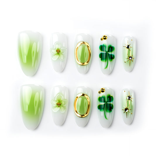 Enchanted Garden Long Almond Green with Floral and Gold Accents Press On Nail Set