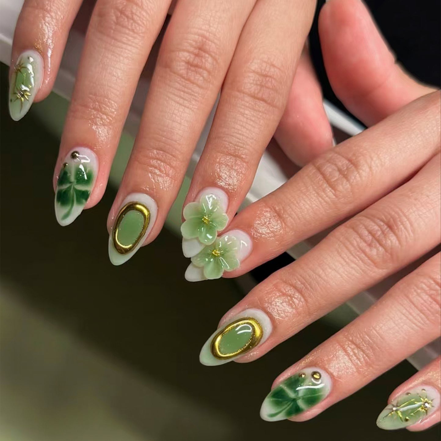 Enchanted Garden Long Almond Green Floral Press On Nail Set