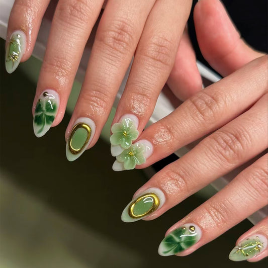 Enchanted Garden Long Almond Green Floral Press On Nail Set