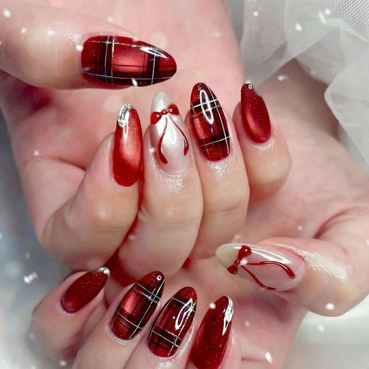 Festive Elegance Long Almond Red with Glittering Bow Accents Press On Nail Set
