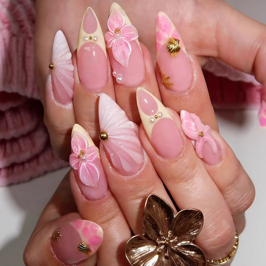 Blooming Elegance Long Stiletto Pink Floral Press On Nail Set with Gold Accents