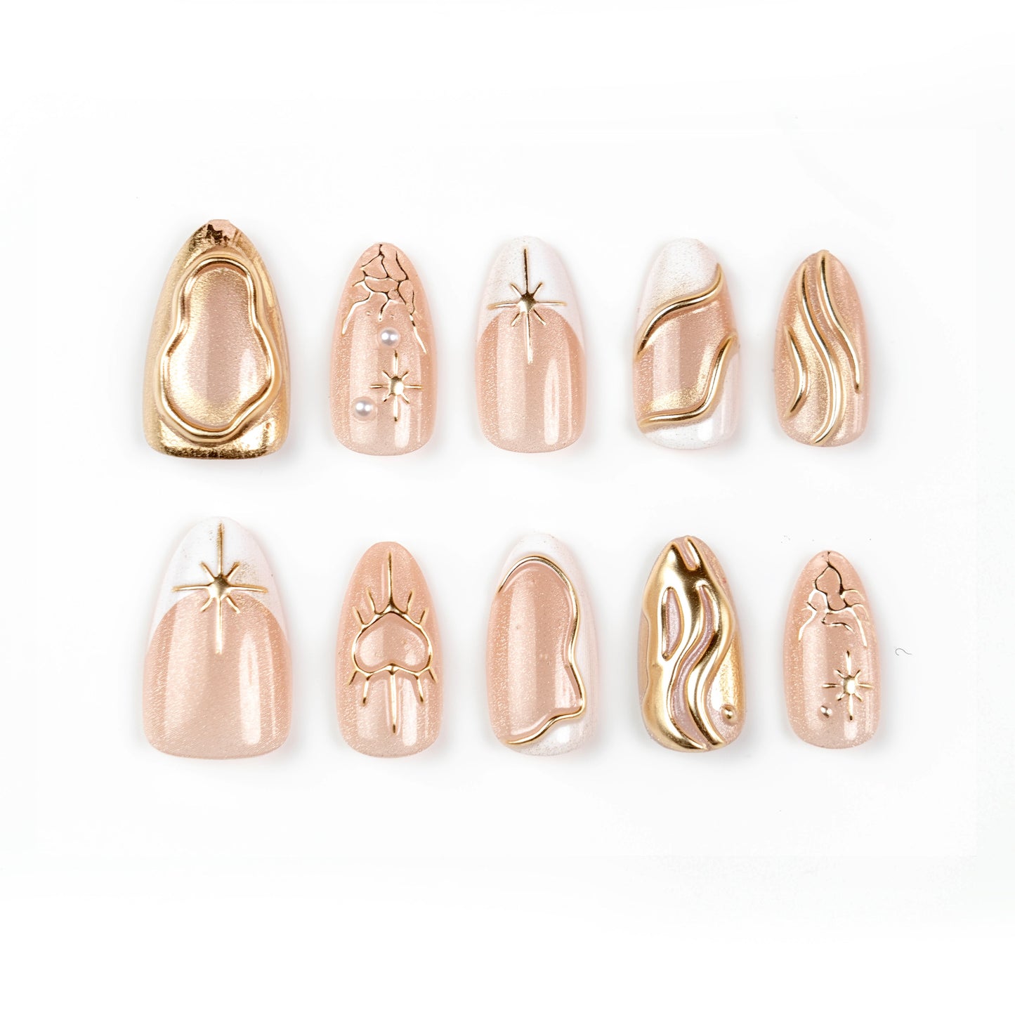 Glamorous Golden Touch Long Almond Beige Press On Nail Set with Unique Artistic Designs