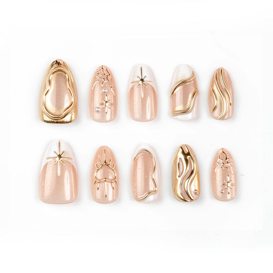 Glamorous Golden Touch Long Almond Beige Press On Nail Set with Unique Artistic Designs