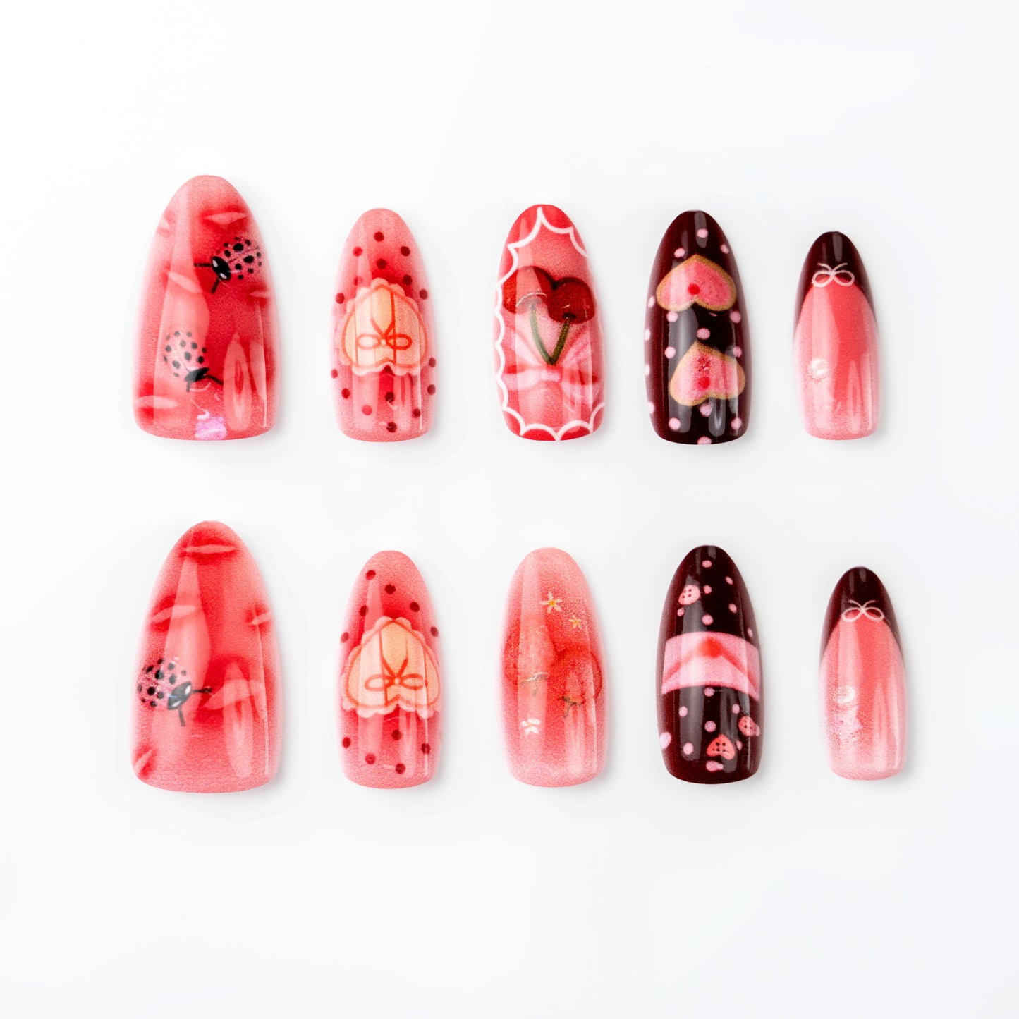 Whimsical Dream Long Oval Deep Red with Intricate Designs Press on Nail Set