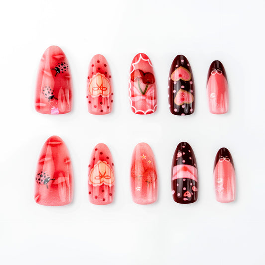 Whimsical Dream Long Oval Deep Red with Intricate Designs Press on Nail Set