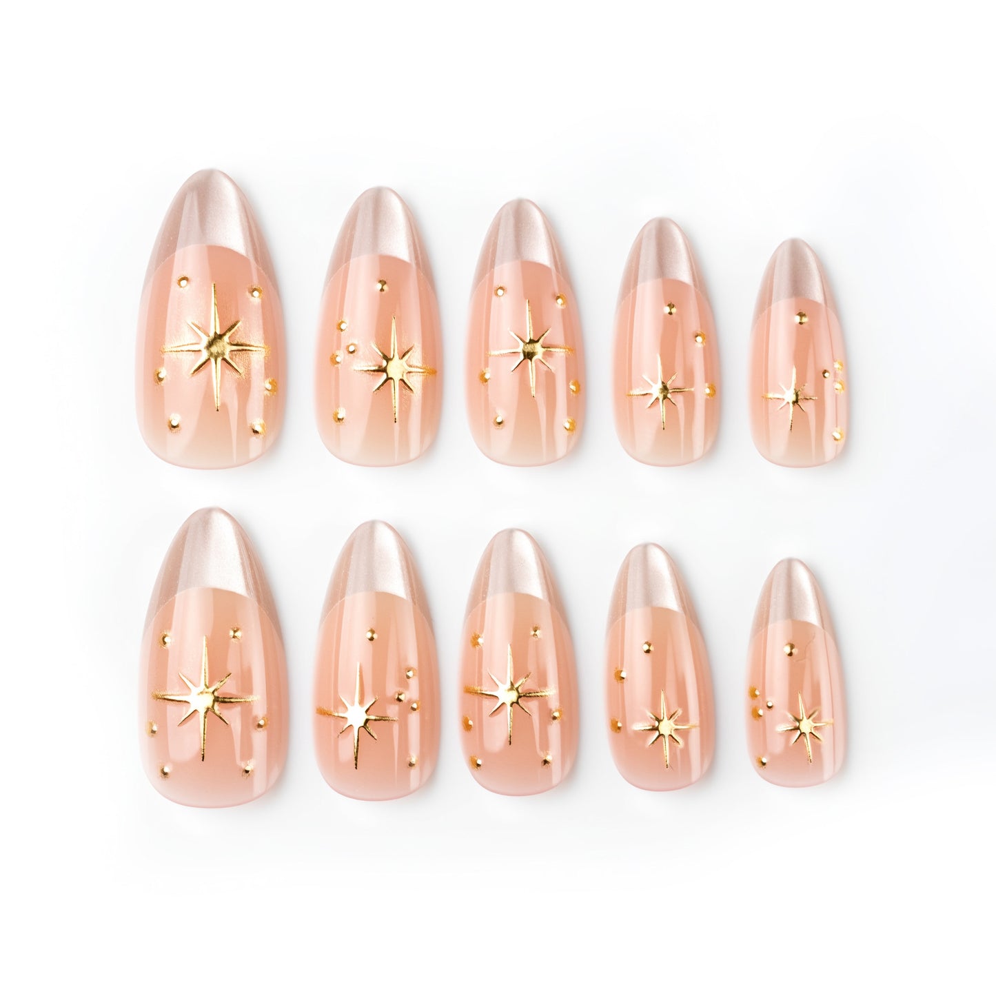 Celestial Glamour Long Almond Beige Press-On Nail Set with Gold Star Accents