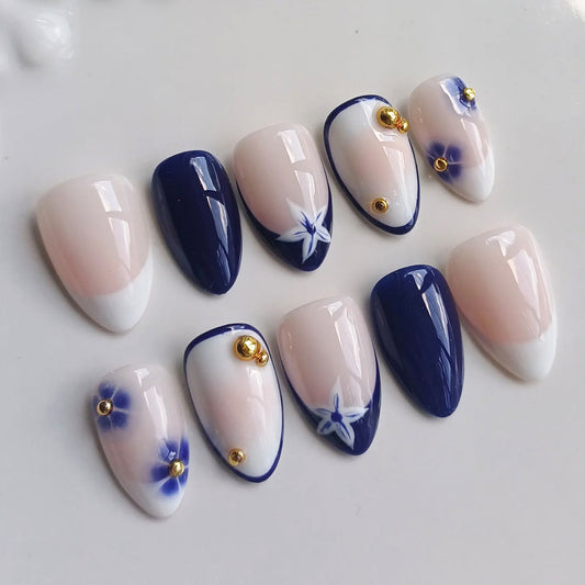 Nautical Elegance Short Almond Navy and Cream Floral Design Press-On Nail Set