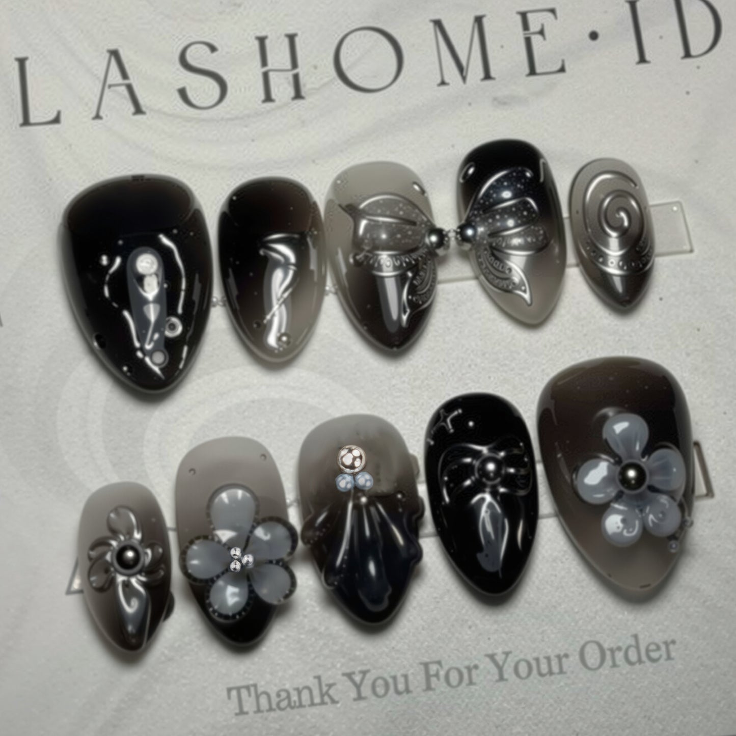 Elegant Evening Design Short Almond Gray Gradient with Unique Floral Accents Press On Nail Set