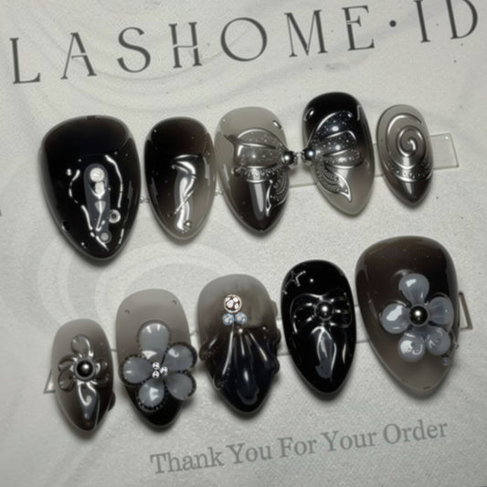 Elegant Evening Design Short Almond Gray Gradient with Unique Floral Accents Press On Nail Set