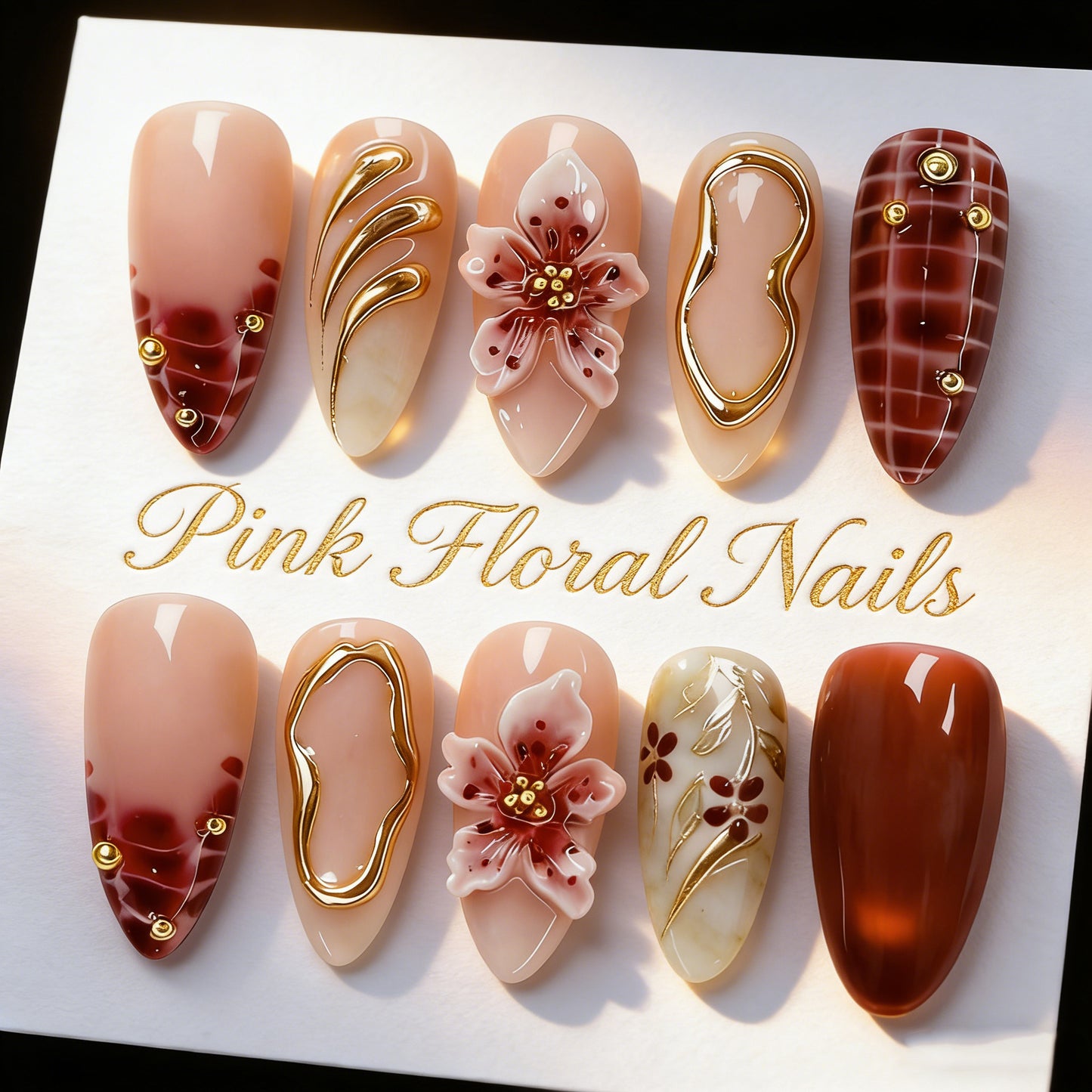 Blossom Elegance Short Almond Pink Floral Design Nail Set