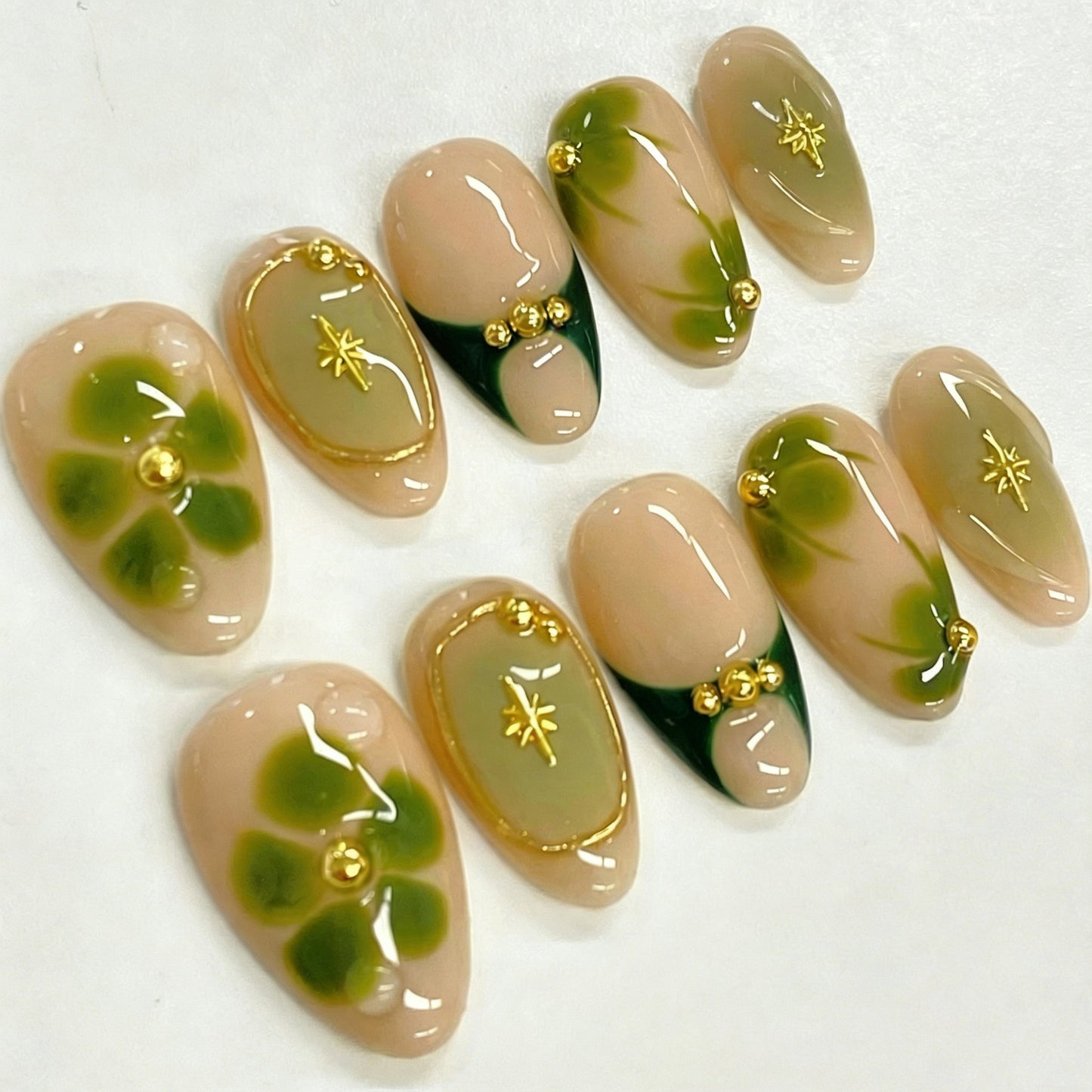 Botanical Elegance Medium Almond Green and Gold Accent Press On Nail Set