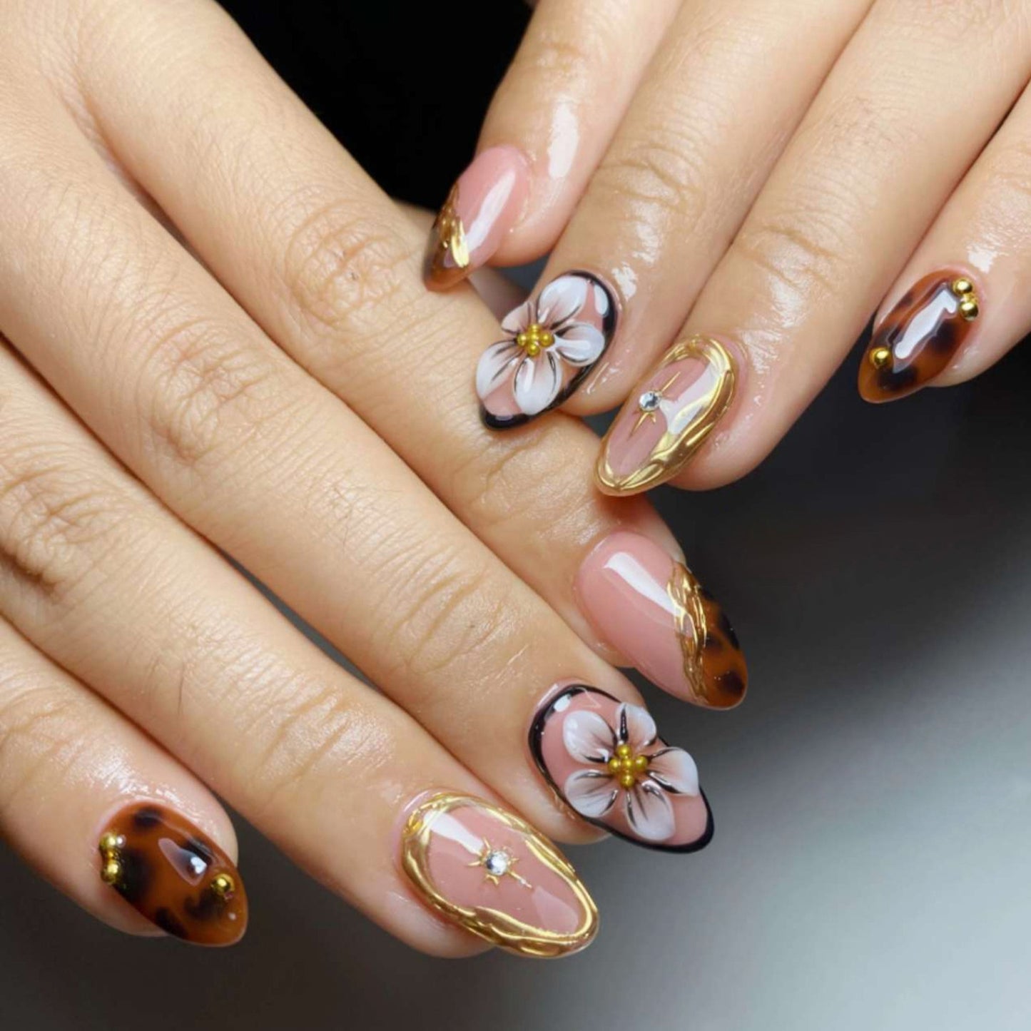 Elegant Floral Dream Medium Almond Brown with Gold Accents Press On Nail Set