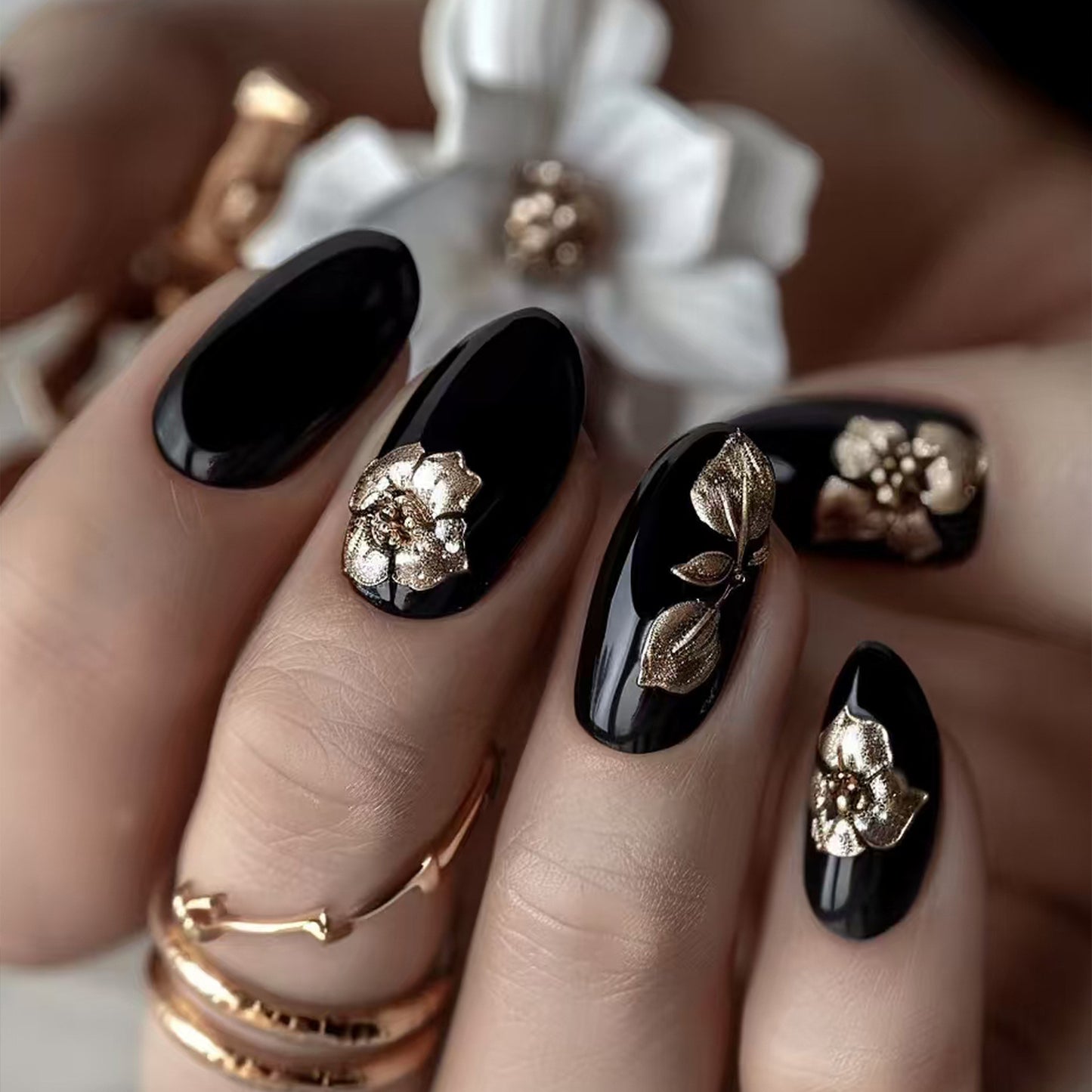 Gothic Elegance Short Almond Black Nail Set with Golden Floral Accents