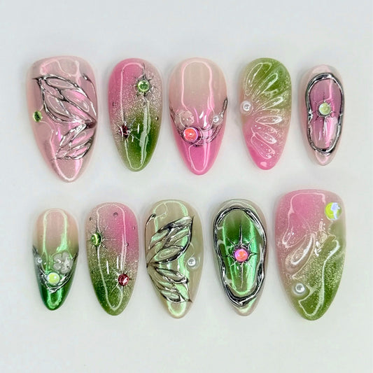 Blossom Elegance Short Almond Pink with Unique Metallic Floral Accents Press on Nail Set