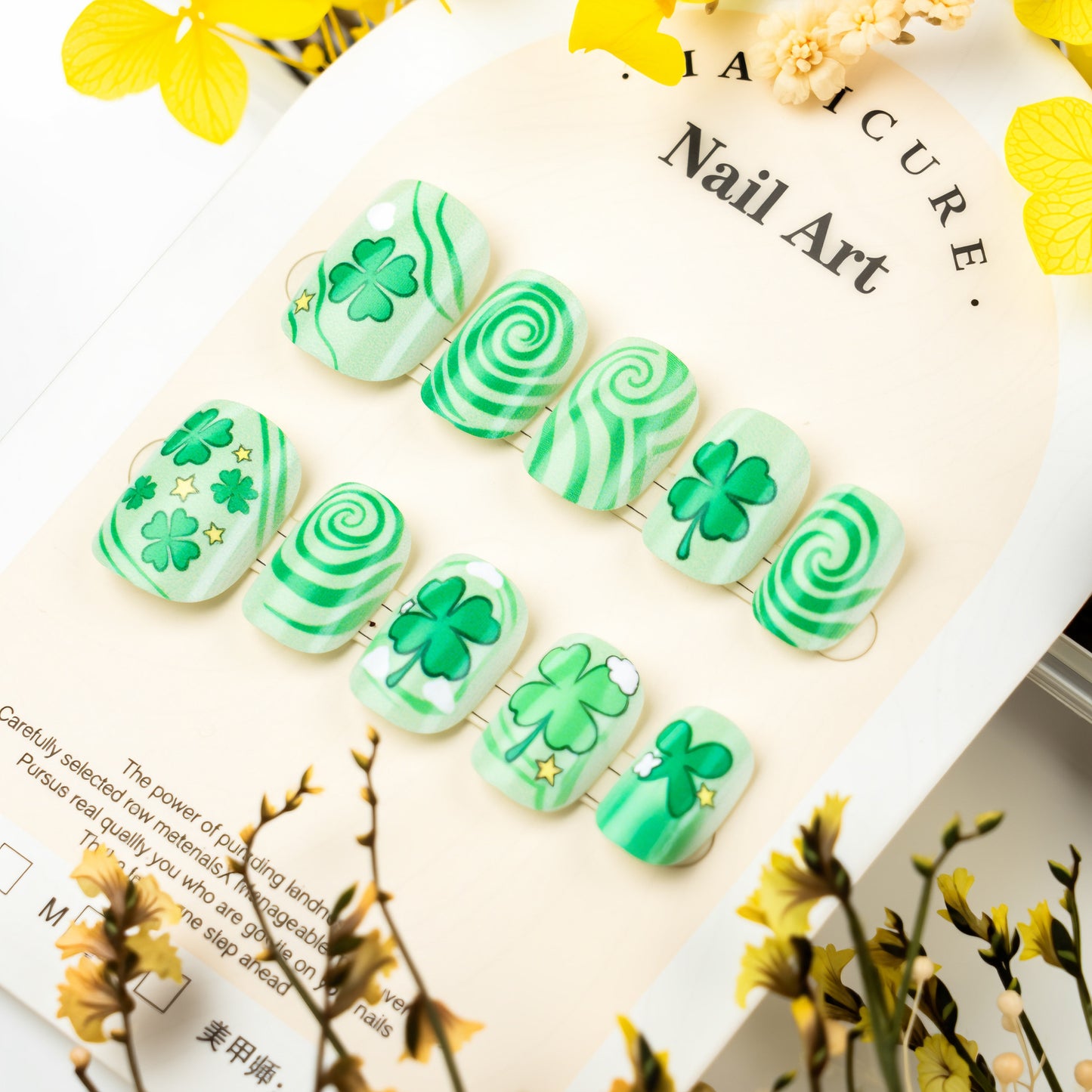Lucky Clover Short Square Green Swirl Design Nail Set